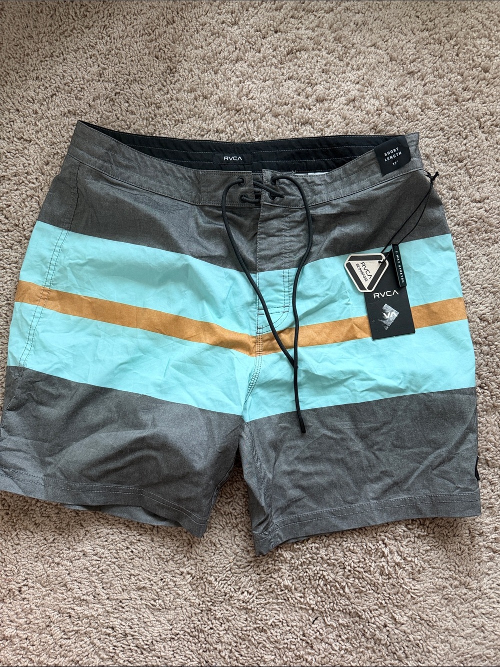 NWT RVCA Men’s Gray, Aqua & Gold Stripe Board Shorts 34